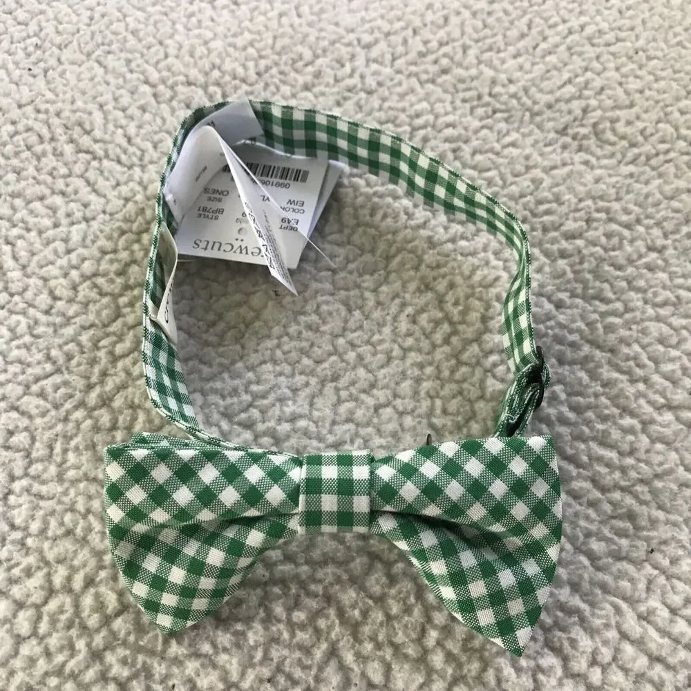 Crewcuts Boys Blue Green Gingham Check Plaid Cotton Bowtie, One Size Younger Boy